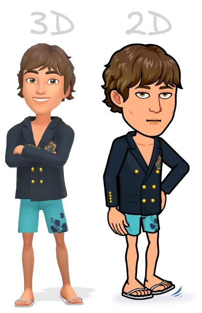 Image showing the difference between a 3D and a 2D rendered Bitmoji, with labels for each
