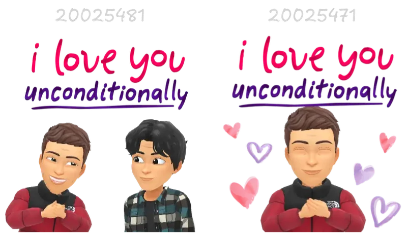 Image showing two Bitmojis, one with two avatars in the 'I love you unconditionally' scenario, and the other with a slightly different but complimentary single-avatar version.