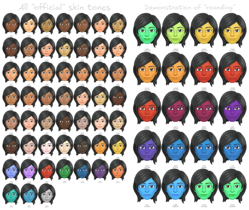 A display of all official skin tones, next to a demonstration of skin tone rounding